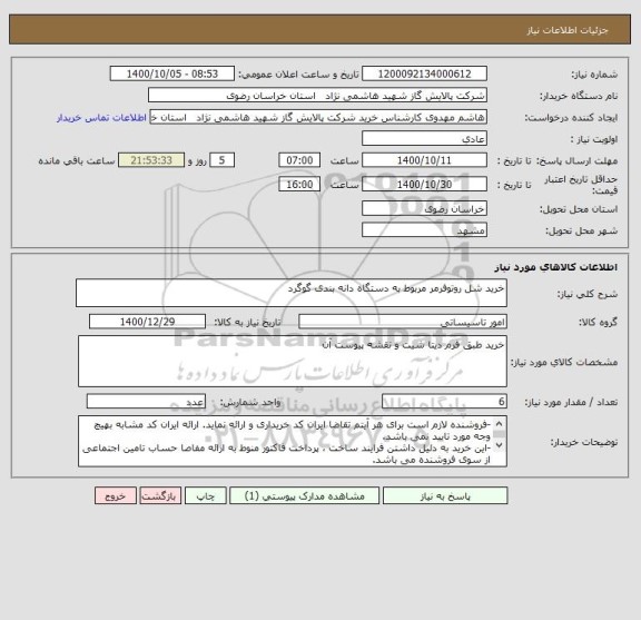 استعلام خرید شل روتوفرمر مربوط به دستگاه دانه بندی گوگرد