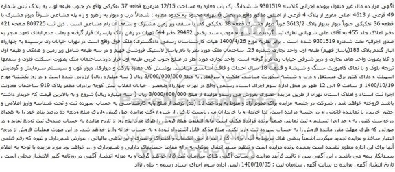 آگهی مزایده ششدانگ یک باب مغازه به مساحت 12/15 مترمربع قطعه 37 تفکیکی