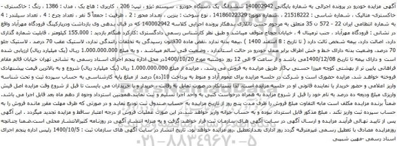 آگهی مزایده ششدانگ یک دستگاه خودرو سیستم پژو تیپ 206