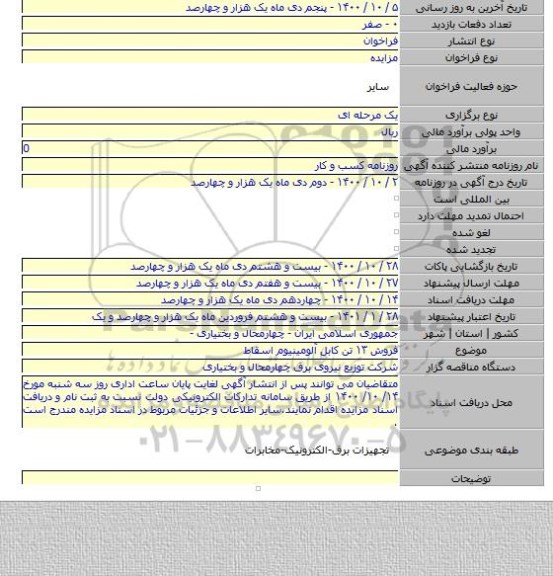 فروش ۱۳ تن کابل آلومینیوم اسقاط