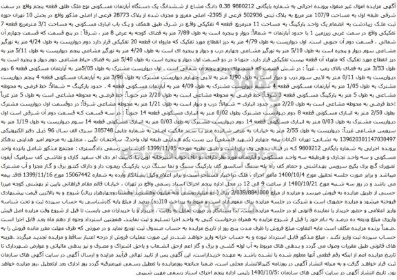 آگهی مزایده  دانگ مشاع از ششدانگ یک دستگاه آپارتمان مسکونی