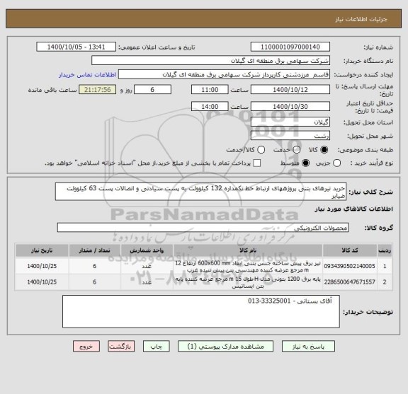استعلام خرید تیرهای بتنی پروژههای ارتباط خط تکمداره 132 کیلوولت به پست سیادتی و اتصالات پست 63 کیلوولت ضیابر