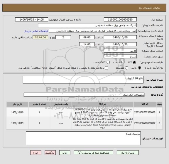 استعلام تابلو 20 کیلوولت