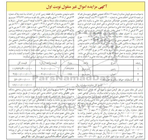 مزایده فروش پلاک ثبتی 74 فرعی از 10418 اصلی 