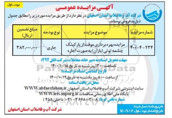 مزایده بهره برداری موقت از پارکینگ