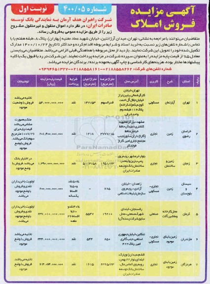 مزایده فروش املاک با کاربری مسکونی - تجاری - صنعتی 