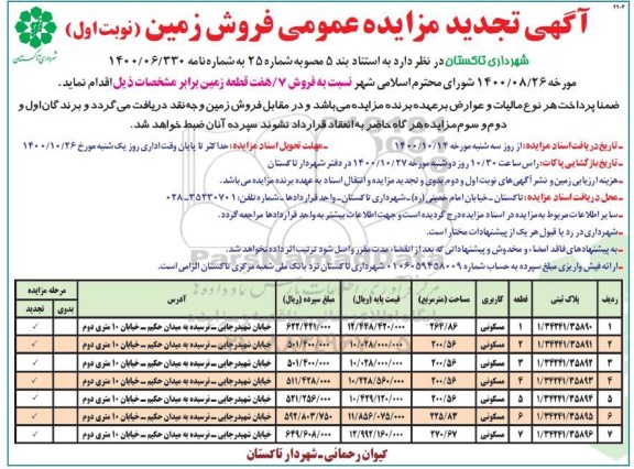 مزایده فروش 7 زمین مسکونی