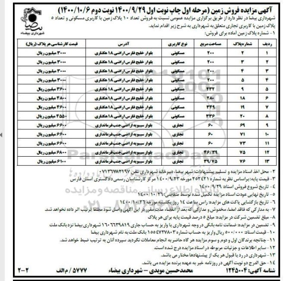 مزایده فروش تعداد 10 پلاک زمین با کاربری مسکونی و با کاربری تجاری 