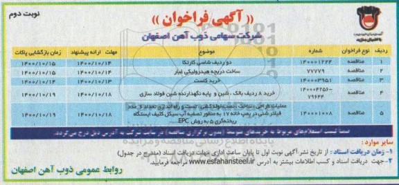 فراخوان مناقصه دو ردیف شاسی کارتکا... - نوبت دوم
