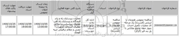 مناقصه عمومی همزمان با ارزیابی (فشرده) یک مرحله ای عملیات تکمیل احداث چهار خطه تقاطع ملاثانی تا پل بند قیر (گرگر)