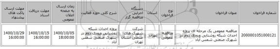 مناقصه عمومی یک مرحله ای پروژه احداث شبکه روشنایی ورودی دوم در شهرک صنعتی شمس آباد