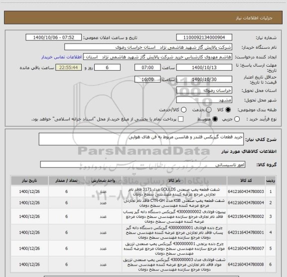 استعلام خرید قطعات گیربکس فلندر و هانسن مربوط به فن های هوایی