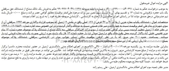 مزایده فروش یک دانگ مشاع از ششدانگ حق سرقفلی یک باب حجره بارفروشی