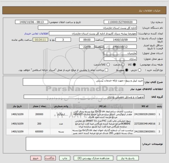 استعلام خرید لیبل و ریبون جهت ارائه خدمات پُستی