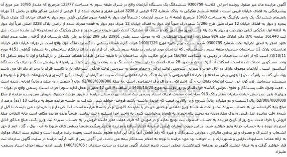 آگهی مزایده ششدانگ یک دستگاه آپارتمان واقع در شرق طبقه سوم به مساحت 123/77 مترمربع