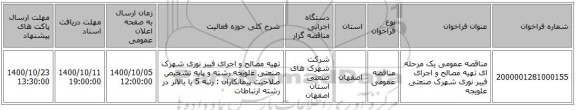 مناقصه عمومی یک مرحله ای تهیه مصالح و اجرای فیبر نوری شهرک صنعتی علویجه  