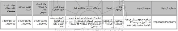 مناقصه عمومی یک مرحله ای تکمیل مدرسه 12 کلاسه حضرت زهرا نقده