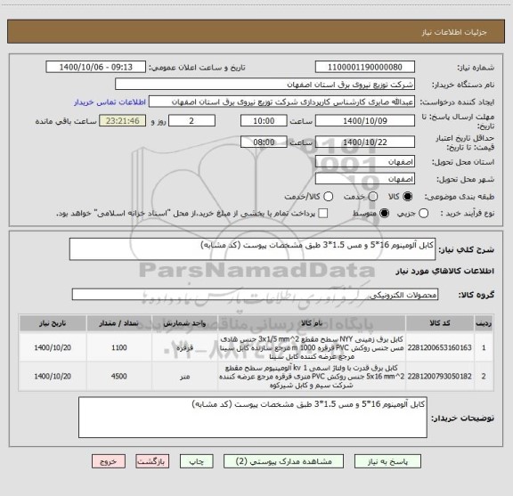 استعلام کابل آلومینوم 16*5 و مس 1.5*3 طبق مشخصات پیوست (کد مشابه)
