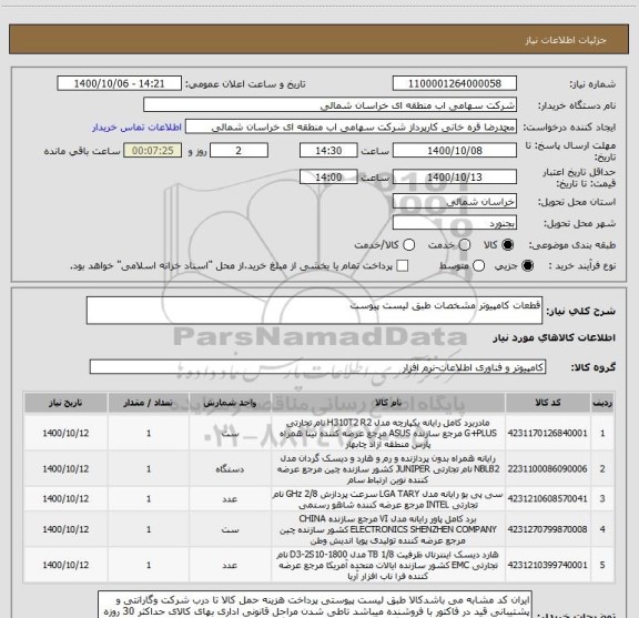 استعلام قطعات کامپیوتر مشخصات طبق لیست پیوست