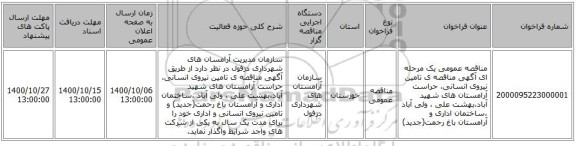 مناقصه عمومی یک مرحله ای آگهی مناقصه ی تامین نیروی انسانی، حراست آرامستان های شهید آباد،بهشت علی ، ولی آباد ،ساختمان اداری و آرامستان باغ رحمت(جدید) 