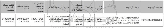 مناقصه عمومی یک مرحله ای اجرای خط انتقال آب چاه جدید الاحداث (واقع در بالادست اتوبان پیامبر اعظم)