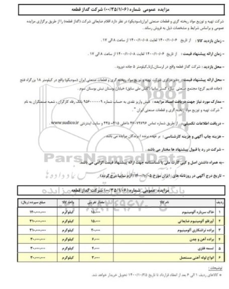 مزایده اقلام ضایعاتی شرکت (گداز قطعه)