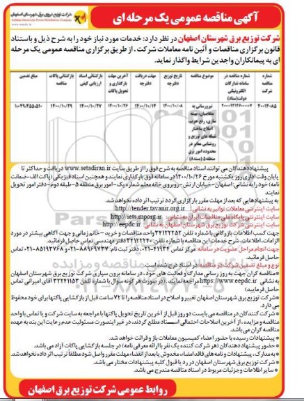 مناقصه، مناقصه نیرورسانی به متقاضیان ، بهینه سازی و رفع حریم و... 