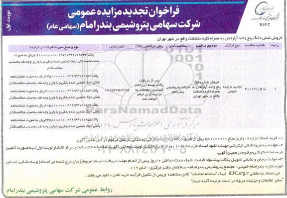 مزایده،مزایده فروش ششدانگ پنج واحد آپارتمان نوبت اول