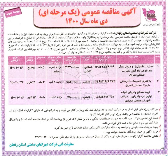 مناقصه عملیات تکمیل پل و دیوار سنگی خط فرعی ... - نوبت دوم