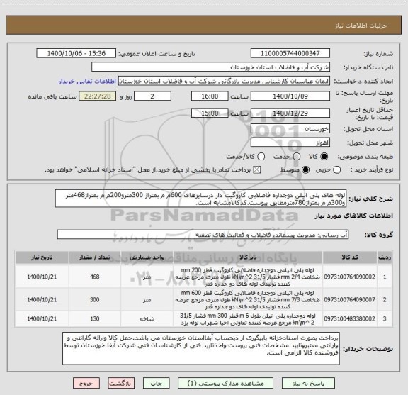 استعلام لوله های پلی اتیلن دوجداره فاضلابی کاروگیت دار درسایزهای 600م م بمتراژ 300مترو200م م بمتراژ468متر و300م م بمتراژ780مترمطابق پیوست.کدکالامشابه است.
