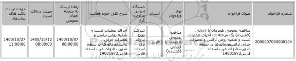 مناقصه عمومی همزمان با ارزیابی (فشرده) یک مرحله ای اجرای عملیات تست و تصفیه روغن ترانس و تعمیرات جزئی ترانسفورماتورها در سطح شهرستانهای غرب استان فارس14001972