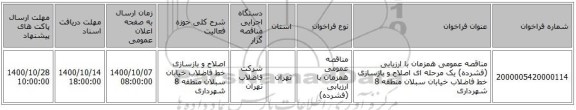 مناقصه عمومی همزمان با ارزیابی (فشرده) یک مرحله ای اصلاح و بازسازی خط فاضلاب خیابان سبلان منطقه 8 شهرداری 