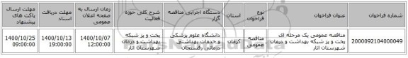 مناقصه عمومی یک مرحله ای پخت و پز شبکه بهداشت و درمان شهرستان انار