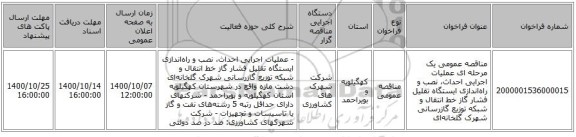 مناقصه عمومی یک مرحله ای عملیات اجرایی احداث، نصب و راه‌اندازی ایستگاه تقلیل فشار گاز خط انتقال و شبکه توزیع گازرسانی شهرک گلخانه‌ای