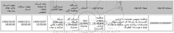 مناقصه عمومی همزمان با ارزیابی (فشرده) یک مرحله ای اجرای شبکه وانشعابات پراکنده بخش مرکزی و دوآب از توابع شهرستان کوهرنگ