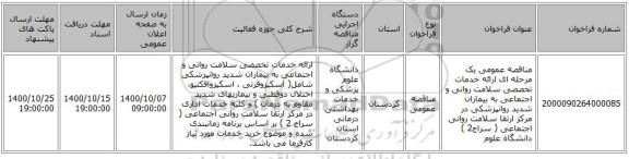 مناقصه عمومی یک مرحله ای ارائه خدمات تخصصی سلامت روانی و اجتماعی به بیماران شدید روانپزشکی در مرکز  ارتقا سلامت روانی اجتماعی ( سراج2  ) دانشگاه علوم 