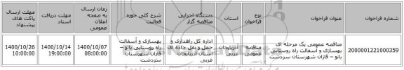 مناقصه عمومی یک مرحله ای بهسازی و آسفالت راه روستایی بانو – قازان شهرستان سردشت