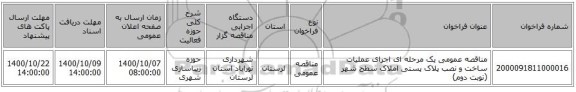 مناقصه عمومی یک مرحله ای اجرای عملیات ساخت و نصب پلاک پستی املاک سطح شهر (نوبت دوم)