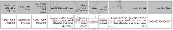 مناقصه عمومی یک مرحله ای خرید و حمل ساب بیس کوهی و بیس صنعتی کوچه ها و خیابانهای سطح شهر