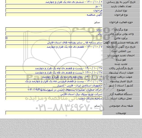 اجرای عملیات تعمیرات پستهای زمینی  در شهرستانها۱۴۰۰۱۹۷۳