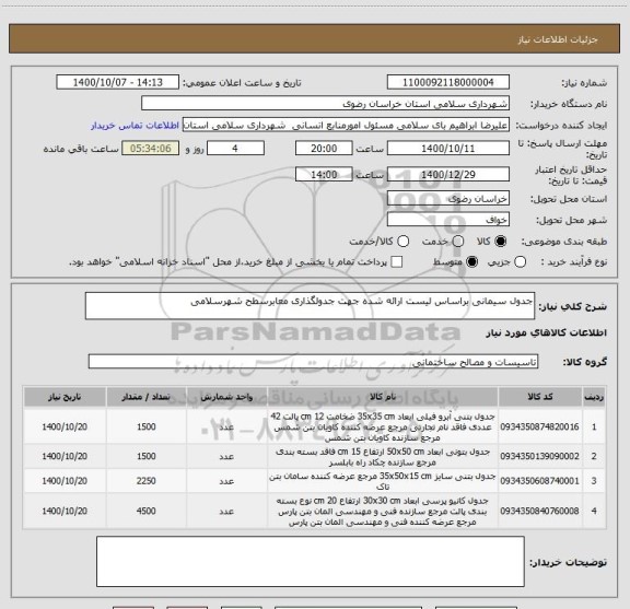 استعلام جدول سیمانی براساس لیست ارائه شده جهت جدولگذاری معابرسطح شهرسلامی