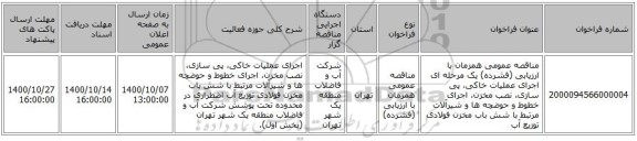مناقصه عمومی همزمان با ارزیابی (فشرده) یک مرحله ای اجرای عملیات خاکی، پی سازی، نصب مخزن، اجرای خطوط و حوضچه ها و شیرآلات مرتبط با شش باب مخزن فولادی توزیع آب 