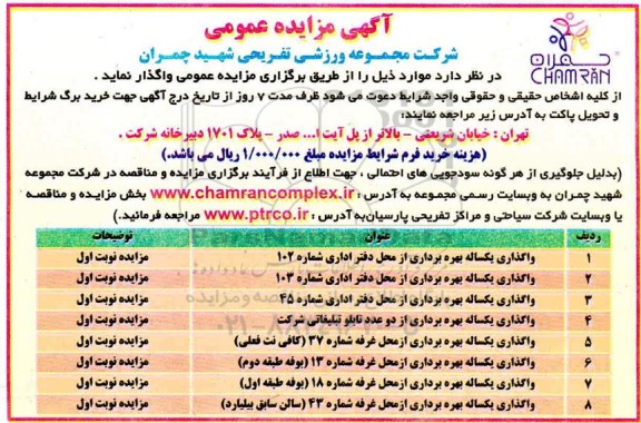 مزایده ،مزایده واگذاری یکساله بهره برداری از محل دفتر