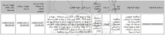مناقصه عمومی همزمان با ارزیابی (فشرده) یک مرحله ای تهیه ، طبخ و توزیع غذای پرسنل سازمان صدا و سیما