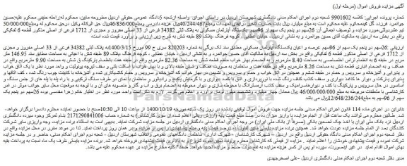 مزایده،مزایده فروش 26سهم دو پنجم یک سهم از 96سهم عرصه و اعیان یکدستگاه آپارتمان مسکونی 