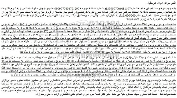 مزایده فروش ملک تجاری مسکونی به شماره پلاک ثبتی قطعه 4 ...