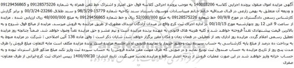 آگهی مزایده حق امتیاز و اشتراک خط تلفن همراه به شماره 09128575226 و 09129456865