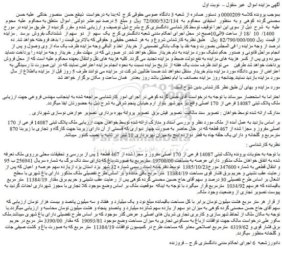 مزایده،مزایده فروش  ملک پلاک ثبتی 14087 فرعی از 170 اصلی 