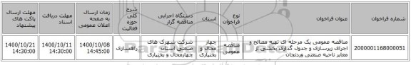 مناقصه عمومی یک مرحله ای تهیه مصالح و اجرای زیرسازی و جدول گذاری بخشی از معابر ناحیه صنعتی وردنجان