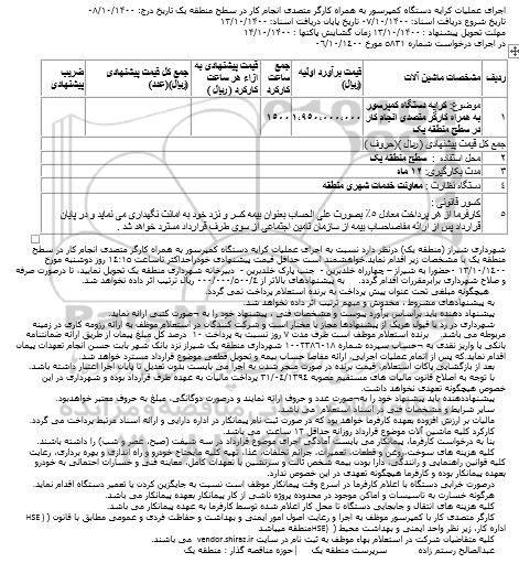 استعلام اجرای عملیات کرایه دستگاه کمپرسور به همراه کارگر متصدی